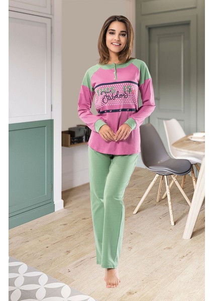 Yeşil Pembe Uzun Kol Kadın Pijama Takımı Pastel Dreams Kadın Pijama Takımı Pamuk Kaşındırmaz Özel Rahat Kullanım