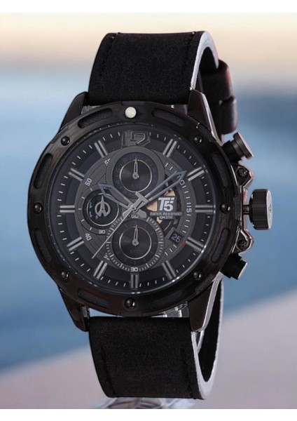 Erkek Kol Saati – Siyah Çelik Kasa – Siyah Deri Kordon – Kronograf & Takvim – Su Geçirmez
