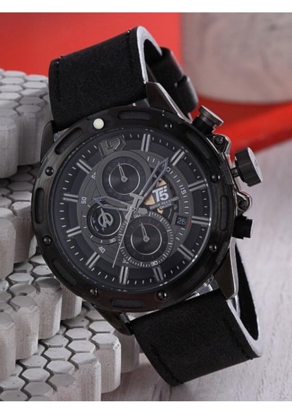Erkek Kol Saati – Siyah Çelik Kasa – Siyah Deri Kordon – Kronograf & Takvim – Su Geçirmez modelleri