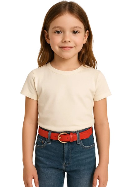 Kız Çocuk Deri Kemer Kırmızı Kot ve Kumaş