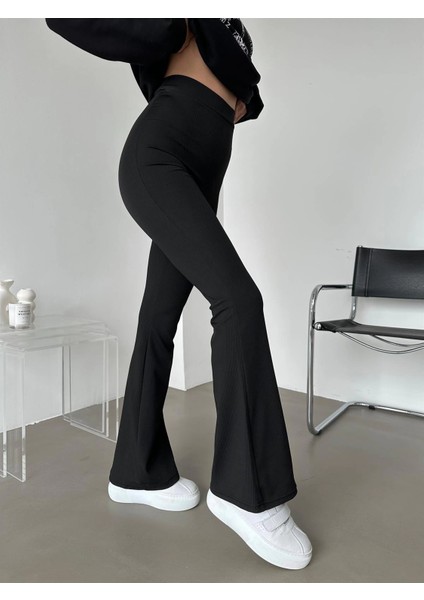 Şık ve Rahat Yüksek Bel Ispanyol Paça Fitilli Toparlayıcı Siyah Tayt modelleri