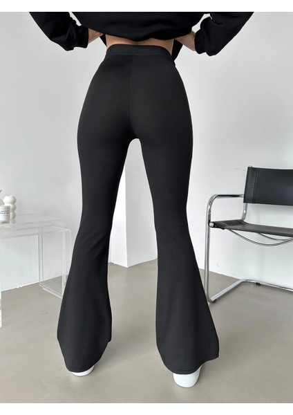 Şık ve Rahat Yüksek Bel Ispanyol Paça Fitilli Toparlayıcı Siyah Tayt fırsatları