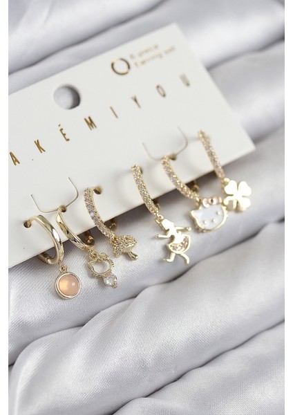 Pirinç Zirkon Taşlı Hello Kity ve Yonca Model Gold Renk 6'lı Küpe Set