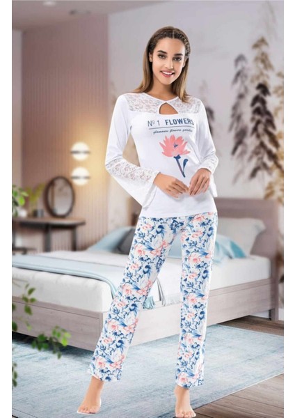 Uzun Kol Dantelli Kadın Pijama Takım Elegant Nights Uzun Kollu Pijama Takımı Pamuk Yıpranmaz
