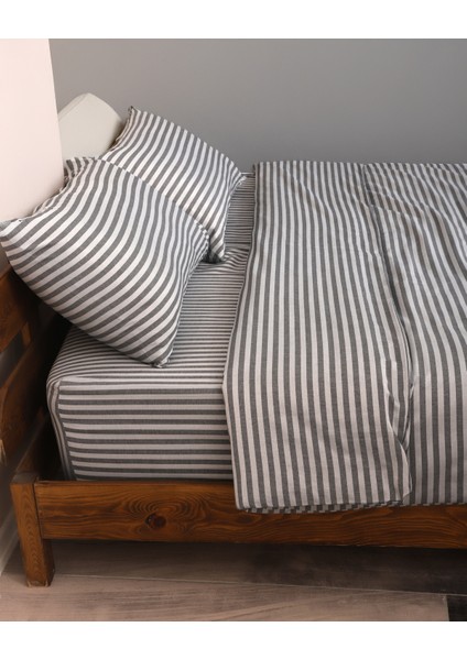 Saten Antrasit Çift Kişilik Lastikli Çarşaf Nevresim Takım.