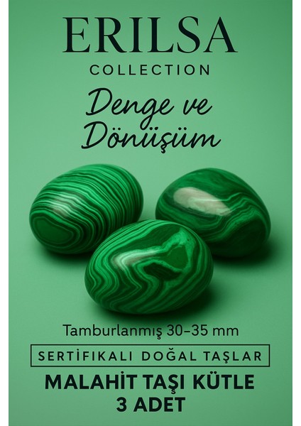 Sertifikalı Doğal Malahit Taşı Kütle 3 Adet – Denge, Dönüşüm ve Koruyucu Enerji