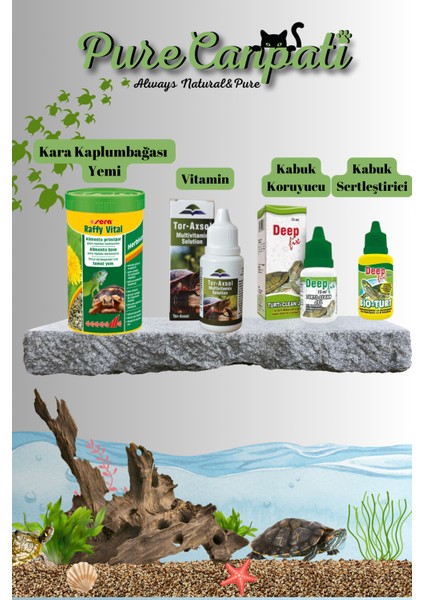 Kara Kaplumbağası Bakım Seti (Sera Raffy Vital Yem + Tor-Axsol Vitamin + Deepfix Kabuk Koruyucu + Bioturt Kabuk Sertleştirici)