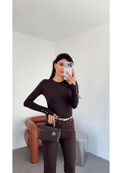 Gold Düğmeli Basic Acı Kahve Triko