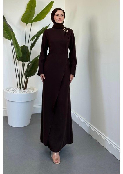 Lorvil Yandan Bağlamalı Büyük Beden Elbise Kahverengi