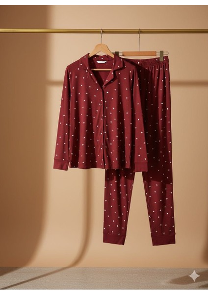 Bordo Kalp Detaylı Şardonlu Pijama