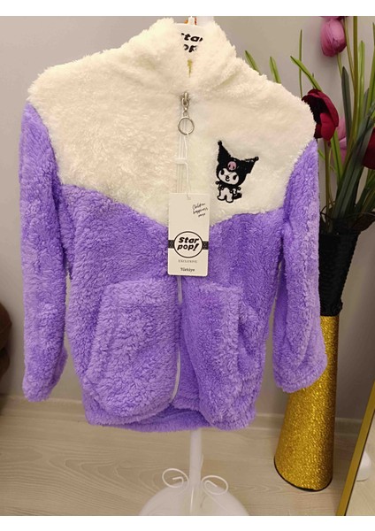 Kız Çocuk Kapşonlu Mor Peluş Hırka