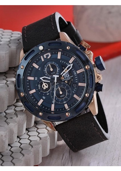 Erkek Kol Saati – Lacivert Kasa – Rose Gold Detay – Siyah Deri Kordon – Kronograf & Takvim