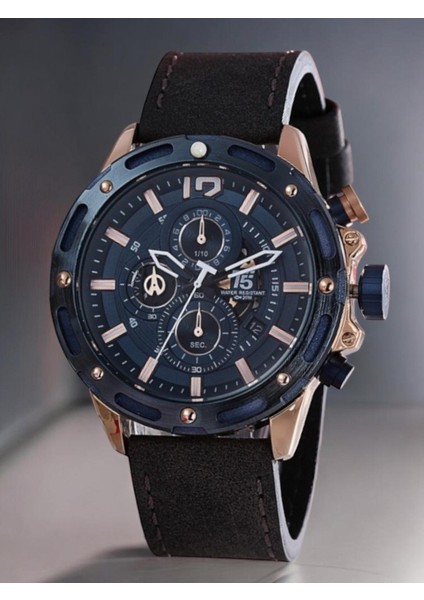 Erkek Kol Saati – Lacivert Kasa – Rose Gold Detay – Siyah Deri Kordon – Kronograf & Takvim modelleri