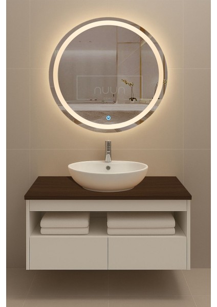 Aurora 100CM Banyo Dolabı Seti (Yuvarlak Ledli Dokunmatik Ayna + Mdf Lavabo Dolabı, Seramik Lavabo)