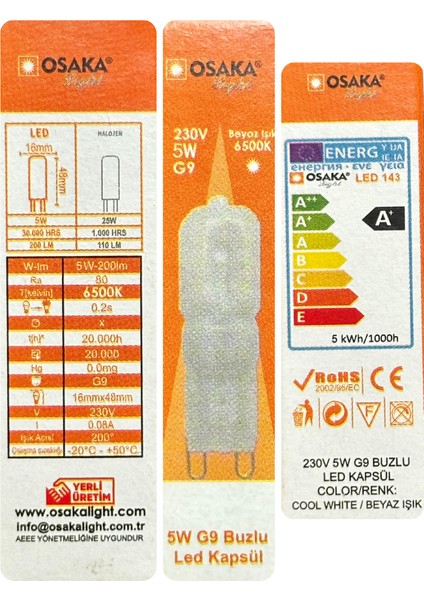 (2 adet) Osaka buzlu 5W Beyaz Işık (6500K) G9 Duylu LED Kapsül Ampul modelleri