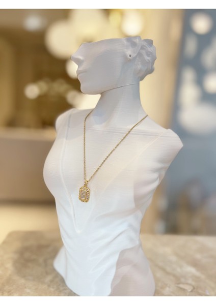 Dikdörtgen Küçük Zirkon Taşlı Çelik Kararmaz Tasarım Özel Zincirli Kolye 1 Adet fiyatları