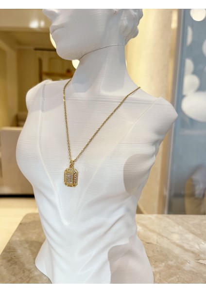 Dikdörtgen Küçük Zirkon Taşlı Çelik Kararmaz Tasarım Özel Zincirli Kolye 1 Adet modelleri