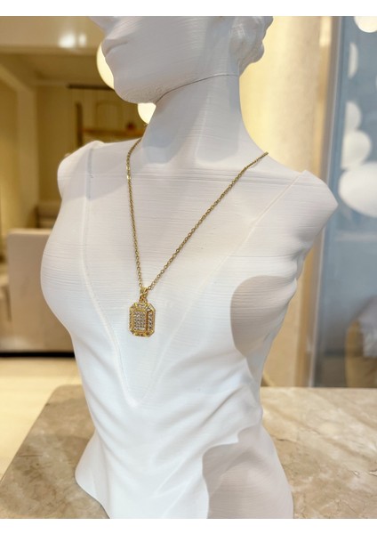 Dikdörtgen Küçük Zirkon Taşlı Çelik Kararmaz Tasarım Özel Zincirli Kolye 1 Adet indirimleri