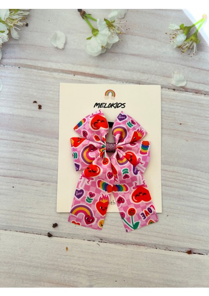 Pembe Desenli Kurdele Kız Çocuk Saç Okul Tokası