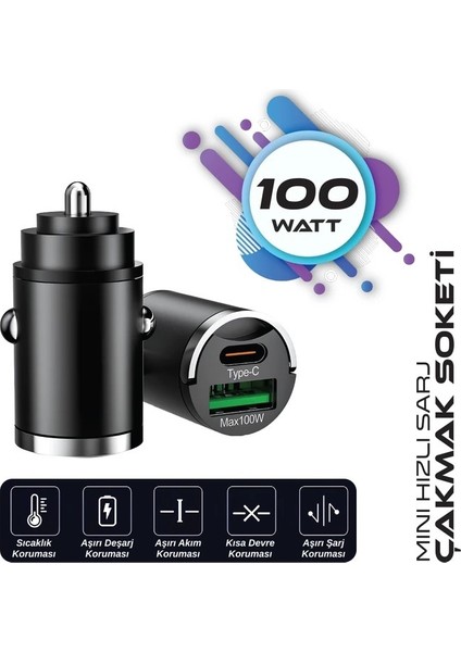 Araç Çakmak Sarj Soketi Mini Hızlı Sarj 100W USB + Type C