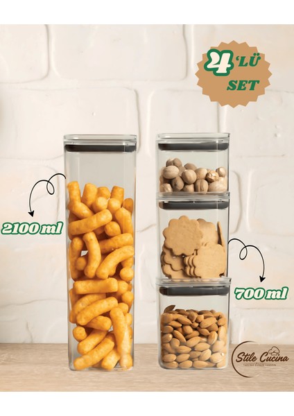 4'lü Vakumlu Silikon Contalı Kare Erzak,un,bakliyat Saklama Kabı SETI-3X700 ML-1X2100 ml
