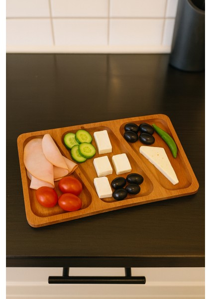 30X17 Masif Kayın Ahşap Üç Bölmeli Sunumluk | Kahvaltılık, Çerezlik, Kuruyemişlik, Servis Tabağı modelleri