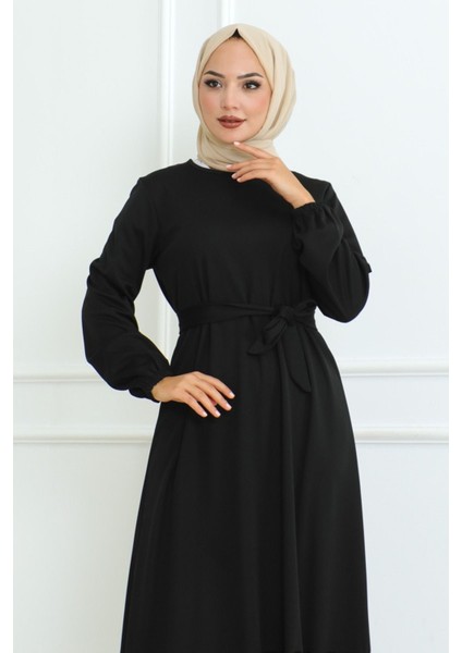 Bürümcük Kemerli Elbise Siyah - 40 modelleri