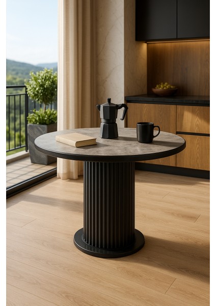 Istanbul’81 Yuvarlak Masa – Gri Mermer Desen, Siyah Ayak – Ø120 cm