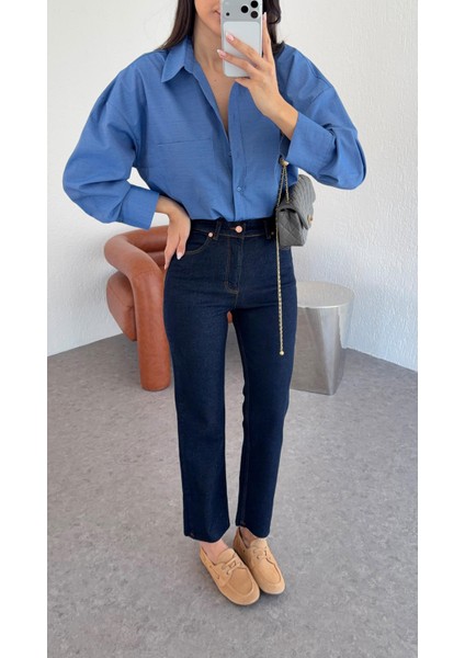 Koyu Lacivert Momfit Jean modelleri