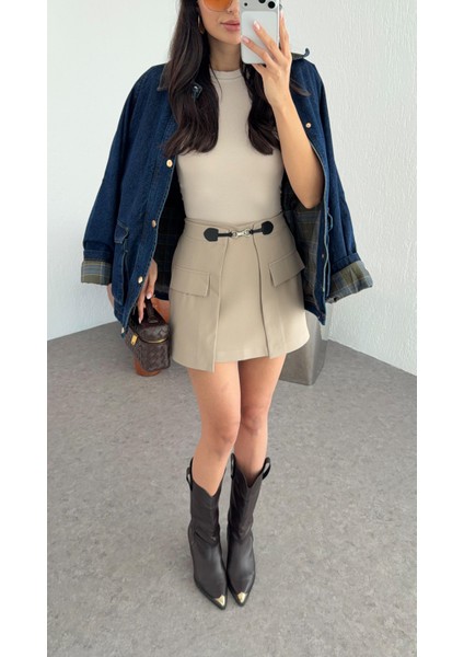 Kanca Tokalı Bej Şort Etek modelleri