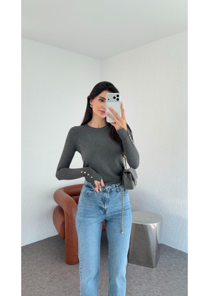 Gold Düğmeli Basic Antrasit Triko