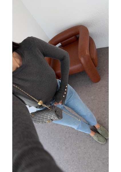 Gold Düğmeli Basic Antrasit Triko fiyatları