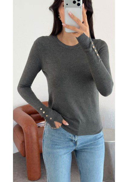 Gold Düğmeli Basic Antrasit Triko fırsatları