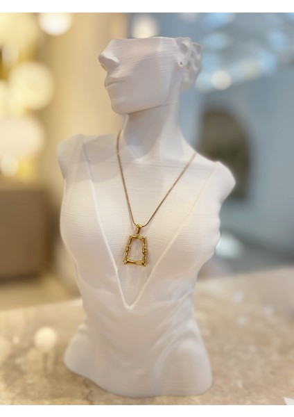 Dikdörtgen Desen Çelik Kararmaz Tasarım Özel Zincirli Kolye 1 Adet