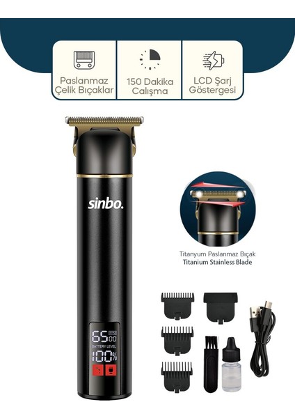 USB Şarjlı - LCD Göstergeli Saç - Sakal Kesme Traş Makinesi Alüminyum Alaşımlı Gövde SHC-1907 (5282)