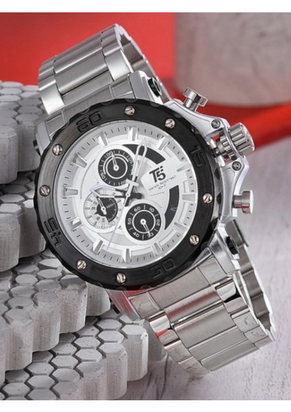 Erkek Kol Saati – Çelik Kordon – Siyah Bezel – Beyaz Kadran – Kronograf & Takvim – Su Geçirmez