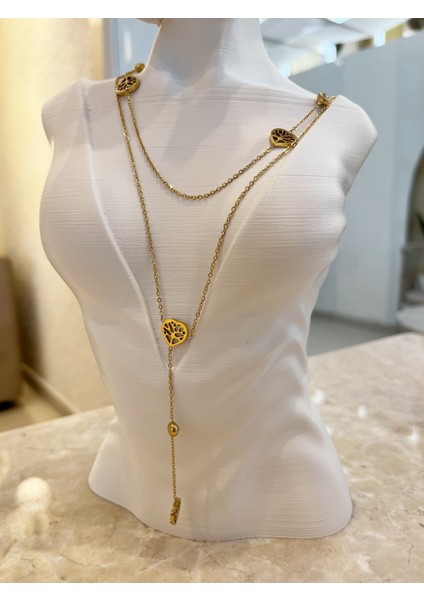 Kalp ve Soy Ağacı Desen Çelik Kararmaz Özel Tasarım Özel Zincirli Y Kolye 1 Adet