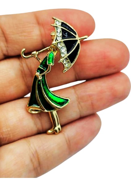 Şemsiye Tutan Kadın Broş – Zarif Elbiseli Vintage Aksesuar