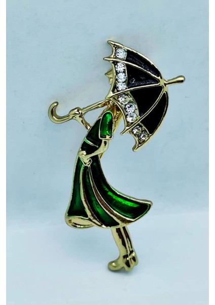 Şemsiye Tutan Kadın Broş – Zarif Elbiseli Vintage Aksesuar fiyatları