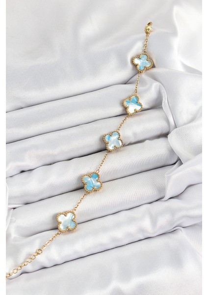 316L Çelik Mavi Sedef Yonca Model Gold Renk Kadın Bileklik fiyatları