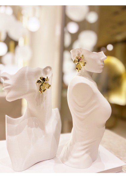 Altın Kaplama Asimetrik Bohem Tarz Çiçek Model Küpe 1 Çift