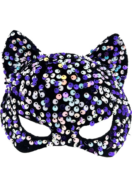 Siyah Kadife Kumaş Üzerine Mor Beyaz Payetli Pullu Parti Maskesi 16X14 cm (4989)