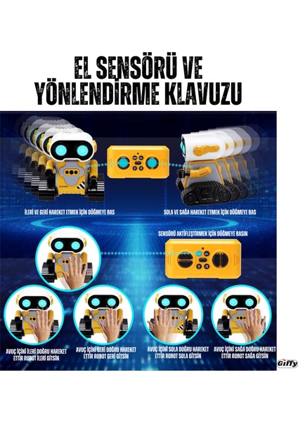 Oyuncak Uzaktan Kumandalı El Sensörlü Akıllı Wall-E Robot Dahili Şarjlı Işıklı Sesli Fonksiyon Sarı ve Mavi