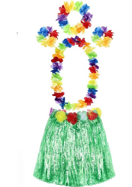 Yetişkin ve Çocuk Uyumlu Luau Aloha Hawaii Yeşil Etek ve Renkli Kolye Taç 2 Adet Bileklik Seti (4989)