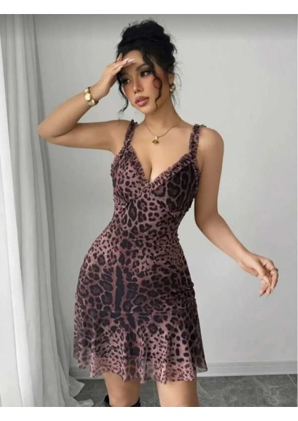 Kadın Leopar Desenli Uzun Gecelik Fırfırlı Şık Tasarım Kahverengi Seksi Iç Giyim fiyatları