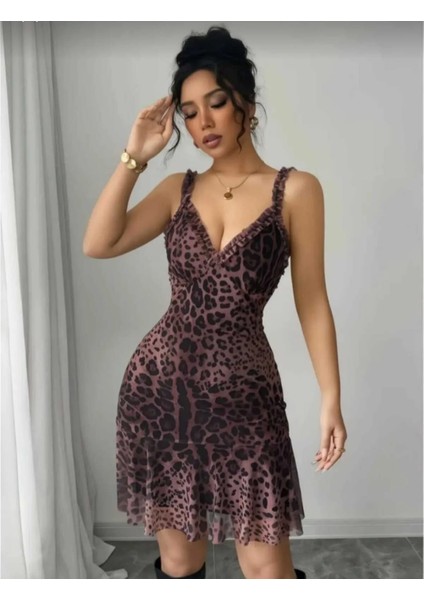 Kadın Leopar Desenli Uzun Gecelik Fırfırlı Şık Tasarım Kahverengi Seksi Iç Giyim modelleri