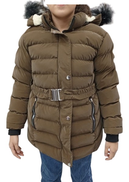 Kız Çocuk Su Itici Özellikli Fermuar Çıtçıt Kapamalı Kuşaklı Kürklü Kahverengi Mont
