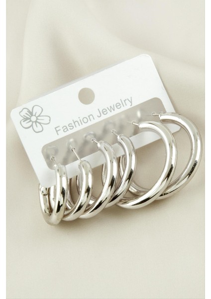 Zengezur 6 Adet Kalın Boru Halka Küpe 2-2,5-3 Cm-Gümüş Rengi