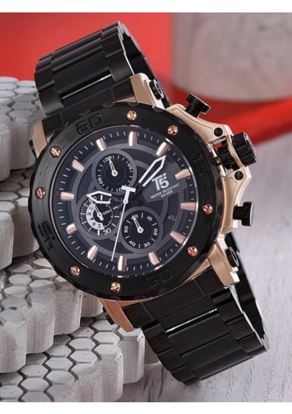 Erkek Kol Saati – Rose Gold Detaylı Siyah Çelik Kordon – Kronograf & Takvim – Su Geçirmez