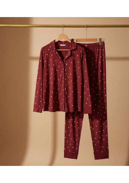 Bordo Kalp Detaylı Şardonlu Pijama